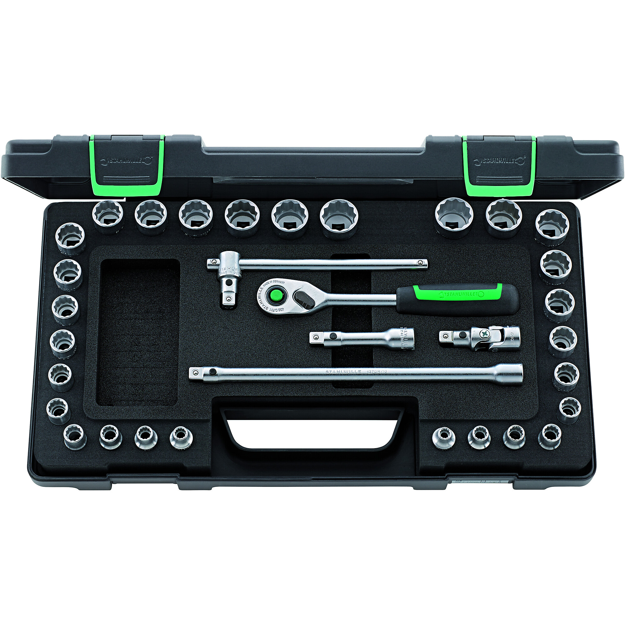 Stahlwille Socket Set — 3/8in., 33 Pcs, Bihex Sockets, QuickRelease Ratchet, ABS Plastic Box, Model# 45MA/28/5QR